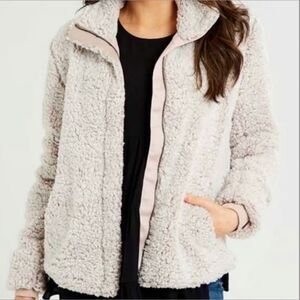 Altar'd State Medium Jacket Sherpa Tan Beige Ivory Full Zip Pockets Cozy Womens